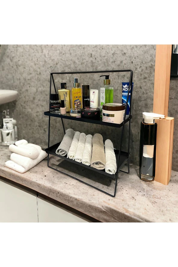 2 Katlı Üçgen Siyah Metal Banyo, Mutfak, Makyaj Organizatörü - Model 2 - 3