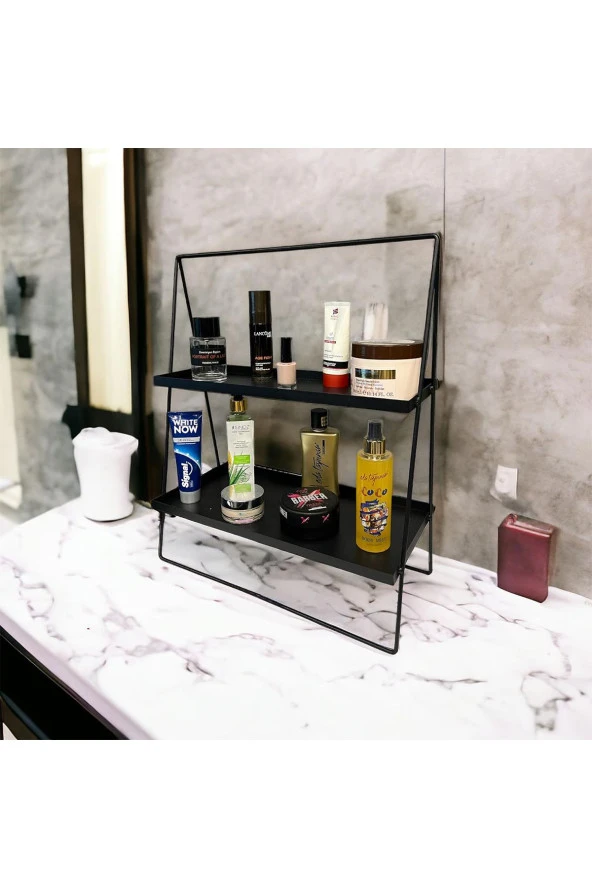 2 Katlı Üçgen Siyah Metal Banyo, Mutfak, Makyaj Organizatörü - Model 2 - 7
