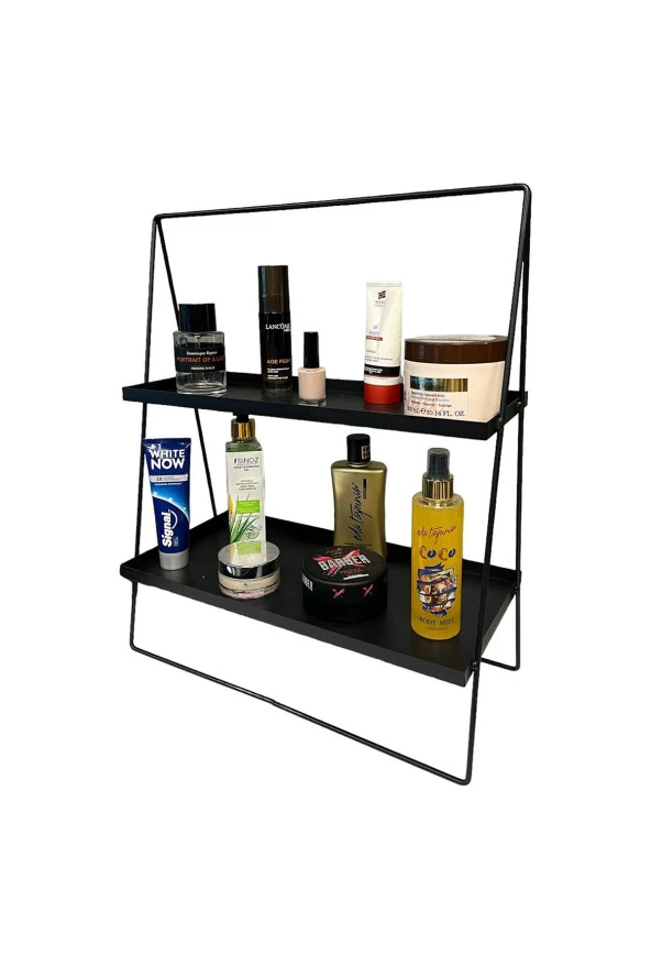 2 Katlı Üçgen Siyah Metal Banyo, Mutfak, Makyaj Organizatörü - Model 2 - 9