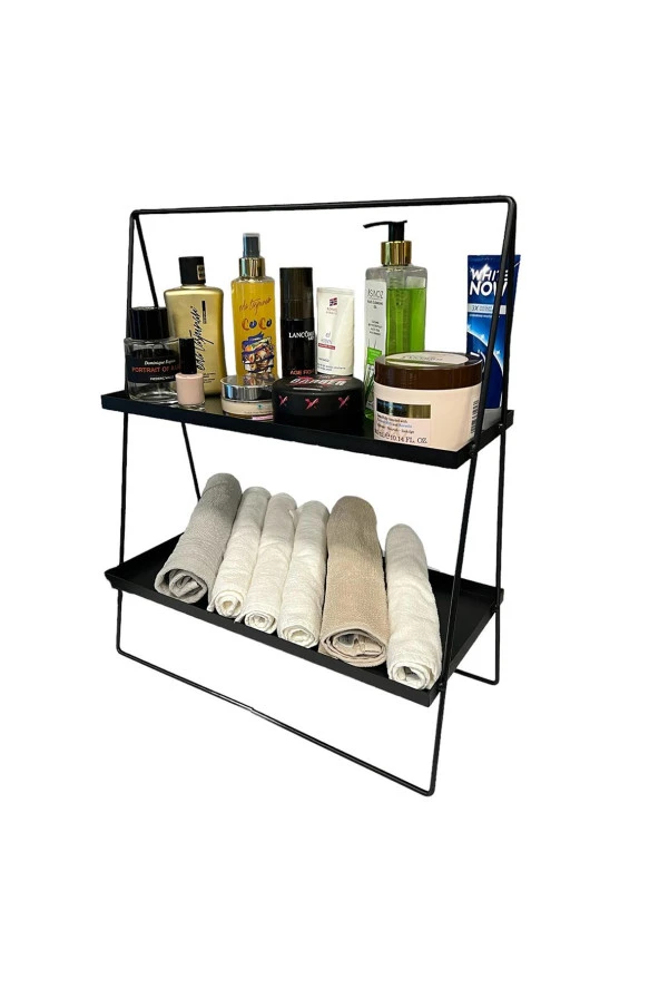 2 Katlı Üçgen Siyah Metal Banyo, Mutfak, Makyaj Organizatörü - Model 2 - 10