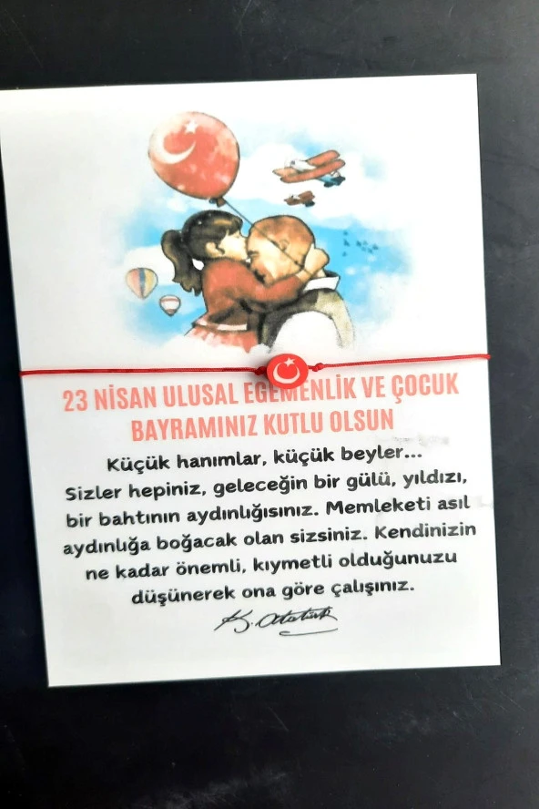 5 Adet 23 Nisan Hediye Bileklik - Atatürk ve Çocuk Temalı Kuşe Kart - 23 Nisan Hediye -  Jelatinli - 5