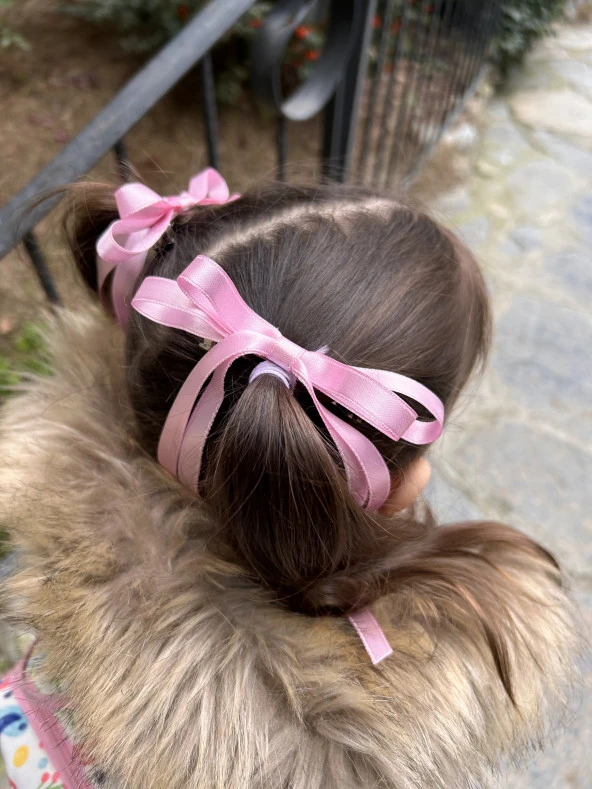 ByMerve Fiyonk Pembe Çift 2Adet Kurdele Saten Çocuk Kadın Bayram Toka