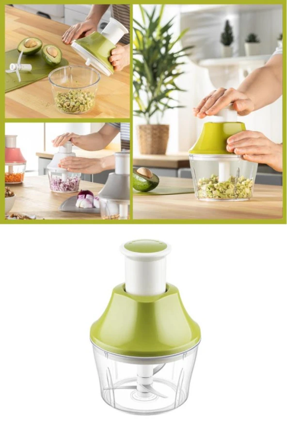 Flosoft Paslanmaz Çelik Bıçak Manuel Doğrayıcı Rondo, 3 Bıçaklı Üstten Basmalı El Robotu 700 ml Yeşil ürün görseli 1