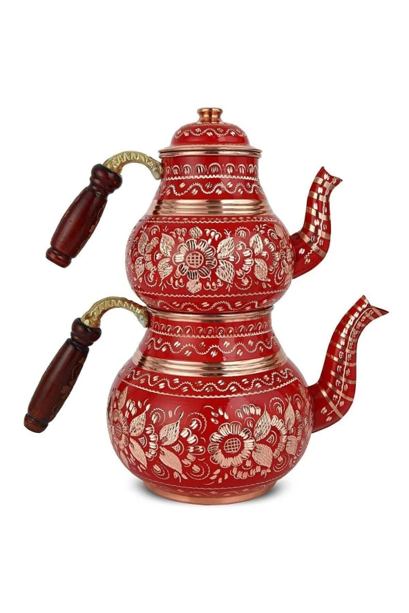 Dekoratif El Işi Büyük Boy Kırmızı Bakır Tombul Çaydanlık