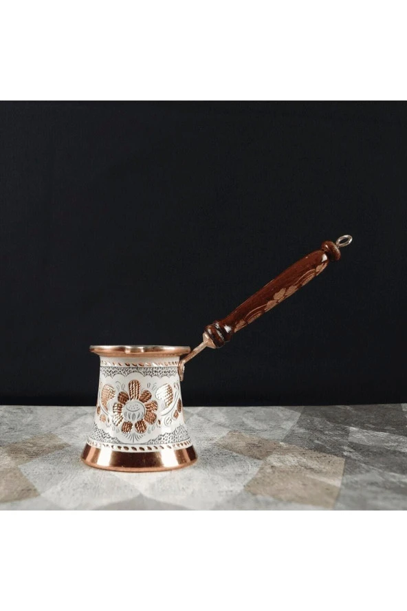 Geleneksel Erzincan Işlemeli Bakır Cezve 3 Kişilik Beyaz ürün görseli