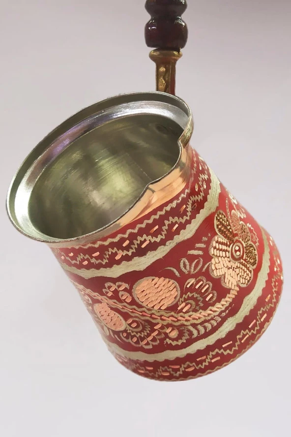 Battal Boy Özel Erzincan Işlemeli Bakır Cezve Kırmızı - Resim 3