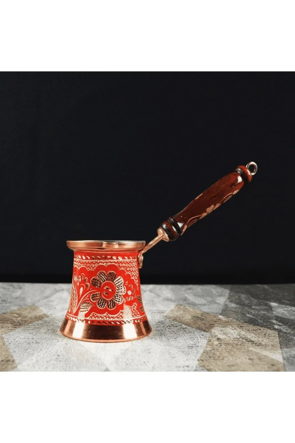 Geleneksel Erzincan Işlemeli Bakır Cezve 3 Kişilik Kırmızı