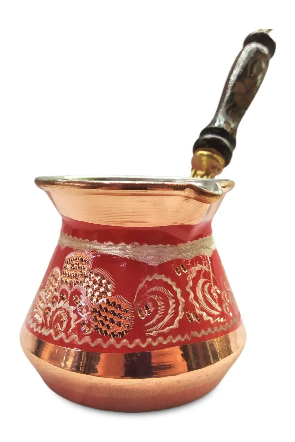 Bakır Cezve Özel Erzincan El Işlemeli 3 Kişilik Kırmızı