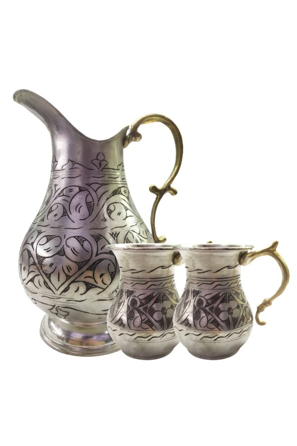 Özel Yapım Eskitme Kalın Bakır Sürahi 2 Ayran Bardağı