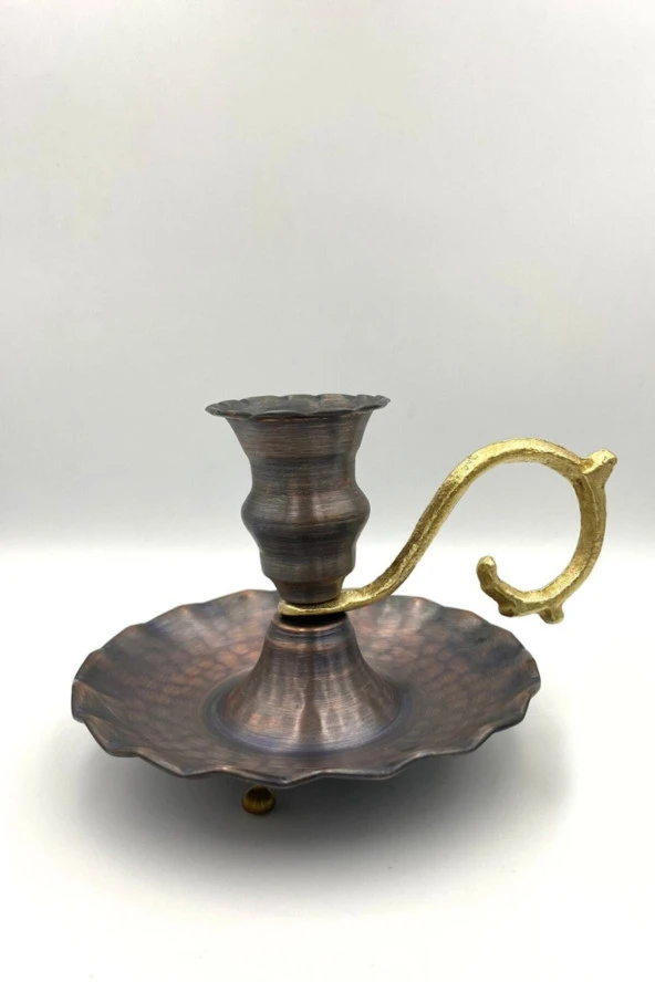 Bakır El Şamdanı Kulplu Antika Vintage Mumluk Şinanay