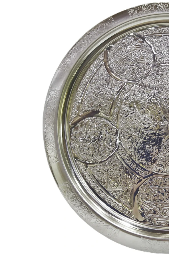 Işlemeli Dekoratif Sunum Tepsisi 28 cm Sini Gümüş Renk - 2