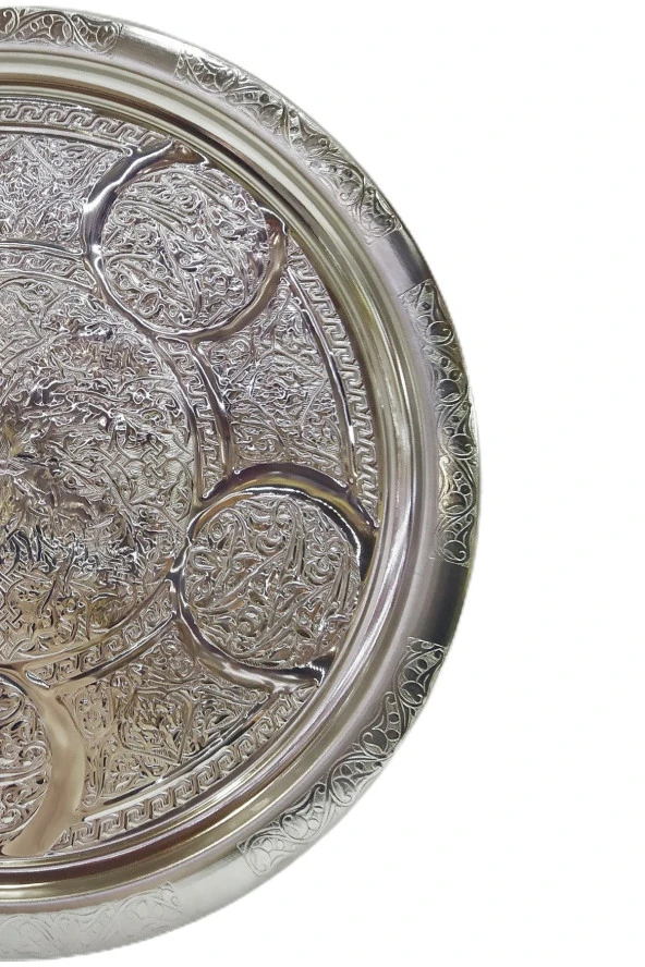 Işlemeli Dekoratif Sunum Tepsisi 28 cm Sini Gümüş Renk - 3