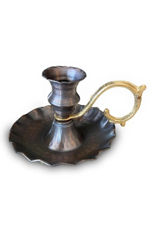 Bakır El Şamdanı Kulplu Antika Vintage Mumluk Şinanay - Resim 3