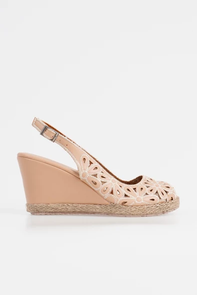 Kadın Çiçek Desenli Önü Açık Dolgu Topuklu Hasır Rahat Sandalet - Resim 10