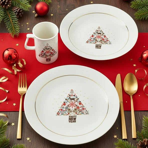 GÜRAL PORSELEN Yeni Yıl Camelia 3 Parça Tek  Kişilik Bone Yemek Takımı - 6268 ürün görseli 1