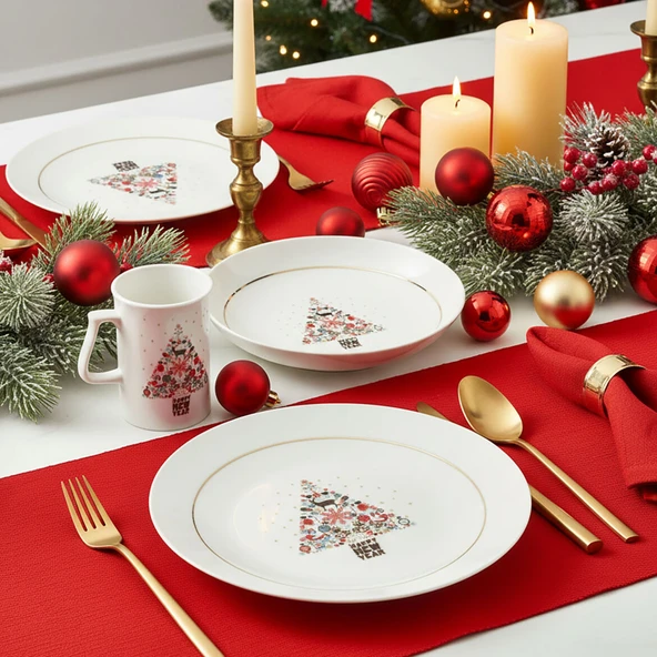 GÜRAL PORSELEN Yeni Yıl Camelia 3 Parça Tek  Kişilik Bone Yemek Takımı - 6268 - Resim 7
