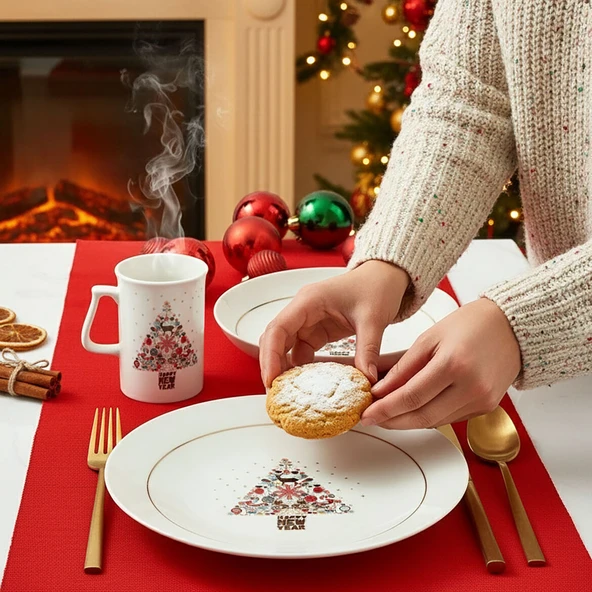 GÜRAL PORSELEN Yeni Yıl Camelia 3 Parça Tek  Kişilik Bone Yemek Takımı - 6268 - Resim 3