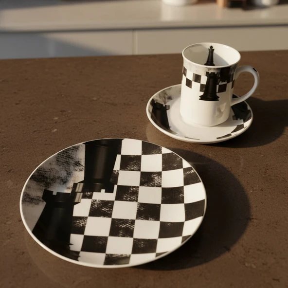 GÜRAL PORSELEN Camelia 3 Parça Çay Takımı Satranç Kale - Resim 3