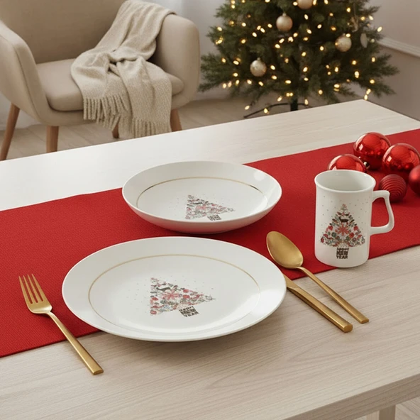 GÜRAL PORSELEN Yeni Yıl Camelia 3 Parça Tek  Kişilik Bone Yemek Takımı - 6268 - Resim 9