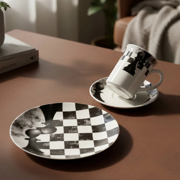 GÜRAL PORSELEN Camelia 3 Parça Çay Takımı Satranç Piyon - Resim 3