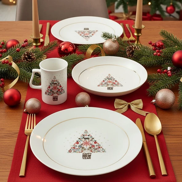 GÜRAL PORSELEN Yeni Yıl Camelia 3 Parça Tek  Kişilik Bone Yemek Takımı - 6268 - Resim 10