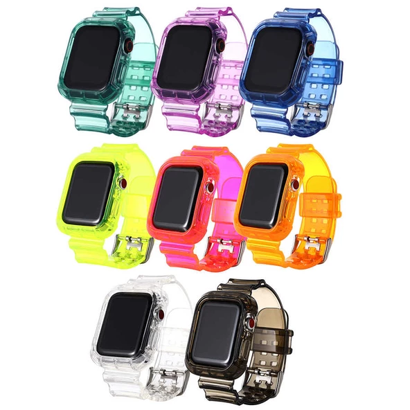 Apple Watch 42mm 44mm 45mm Kordon Kasa Korumalı Şeffaf Silikon Kordon 1/2/3/4/5/6/se/7/8/ultra