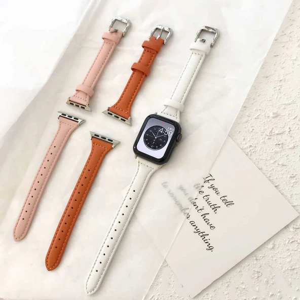 Apple Watch 7/8/9 45mm Kordon İnce Deri Kordon