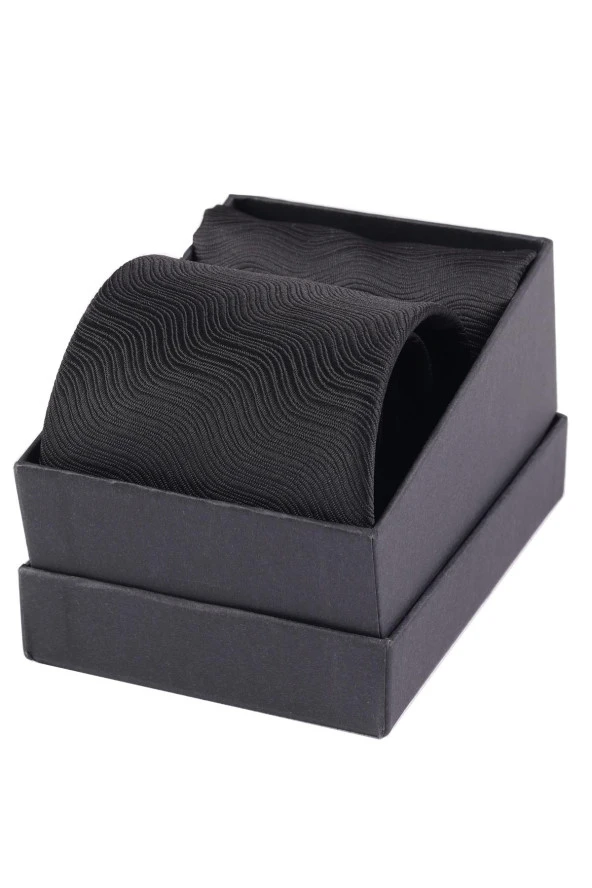 Esgue 7.5 cm Siyah Desenli Kravat Mendil Broş Hediye Seti - Resim 5