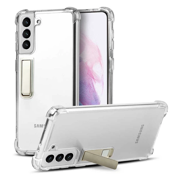 Samsung Galaxy S21 Kılıf Standlı Şeffaf Hibrit Silikon Case