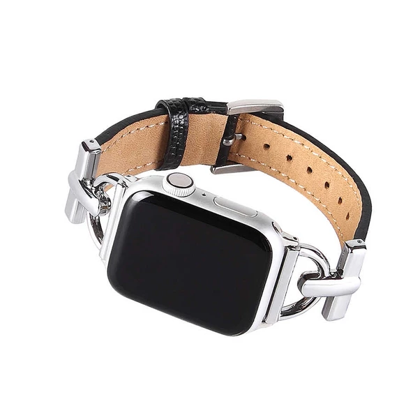 Apple Watch 44mm Kordon Metal Deri Kordon - Resim 4