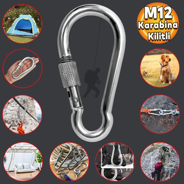 Karabina Kilitli 12 MM Yaylı Kanca Paslanmaz Çelik Kilit Tırmanma Dağcılık Kamp Ekipmanları Salıncak Hamak Anahtar Askı Kilidi