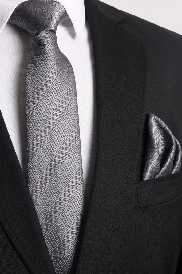 Esgue Gri Kol Düğmesi Hand Made Gri Desenli 7.5 cm Kravat Mendil Kutulu Hediye Seti - 3