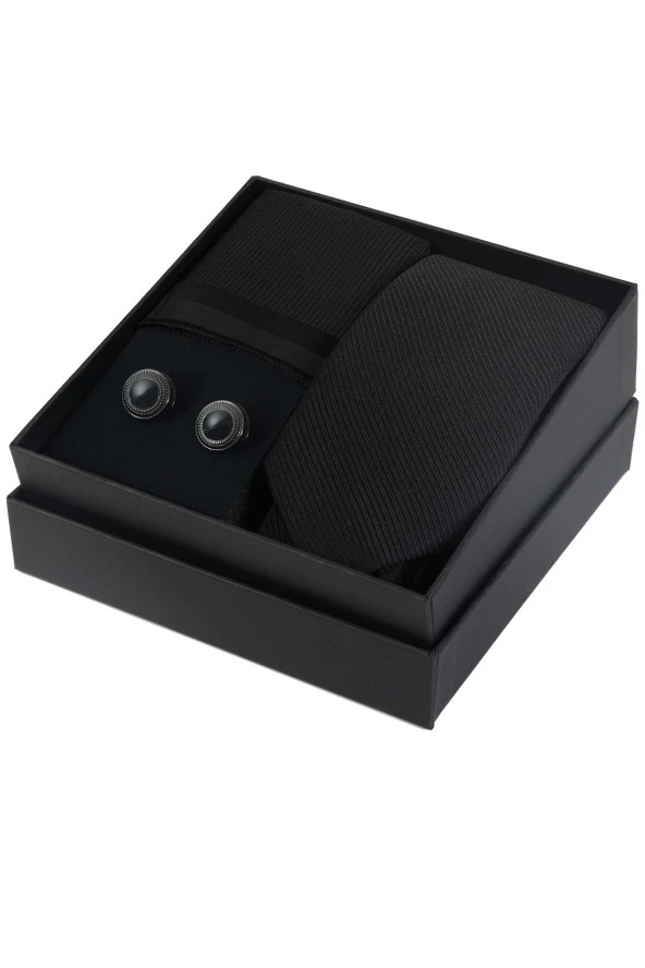 Esgue Siyah Kol Düğmesi Hand Made 7.5 cm Çizgili Desen Siyah Kravat Mendil Kutulu Hediye Seti ürün görseli 1