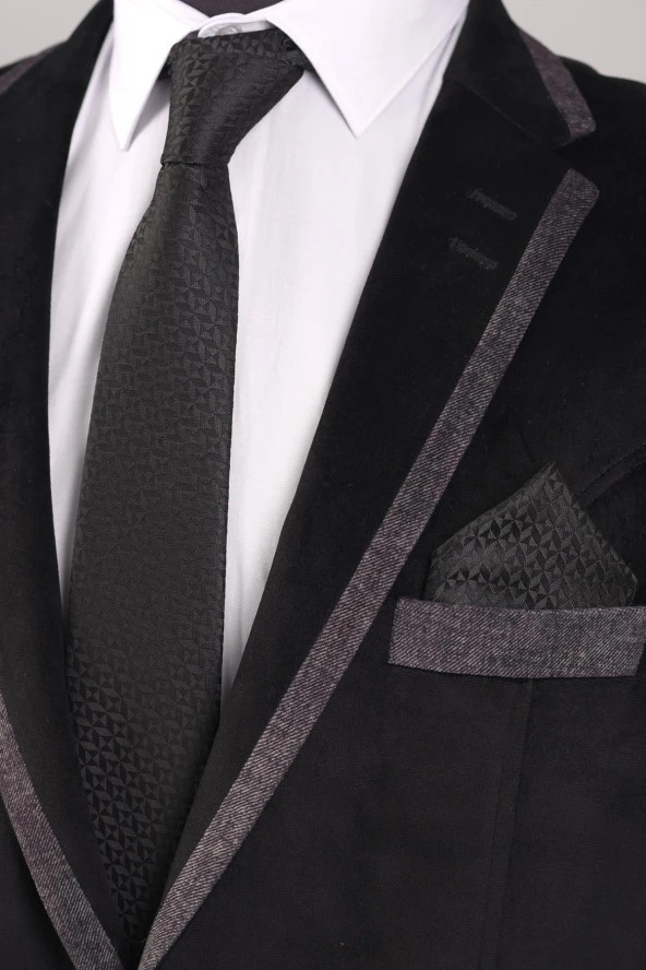 Esgue Siyah Mineli Kol Düğmesi Hand Made 7.5 cm Siyah Kravat Mendil Kutulu Hediye Seti - 3