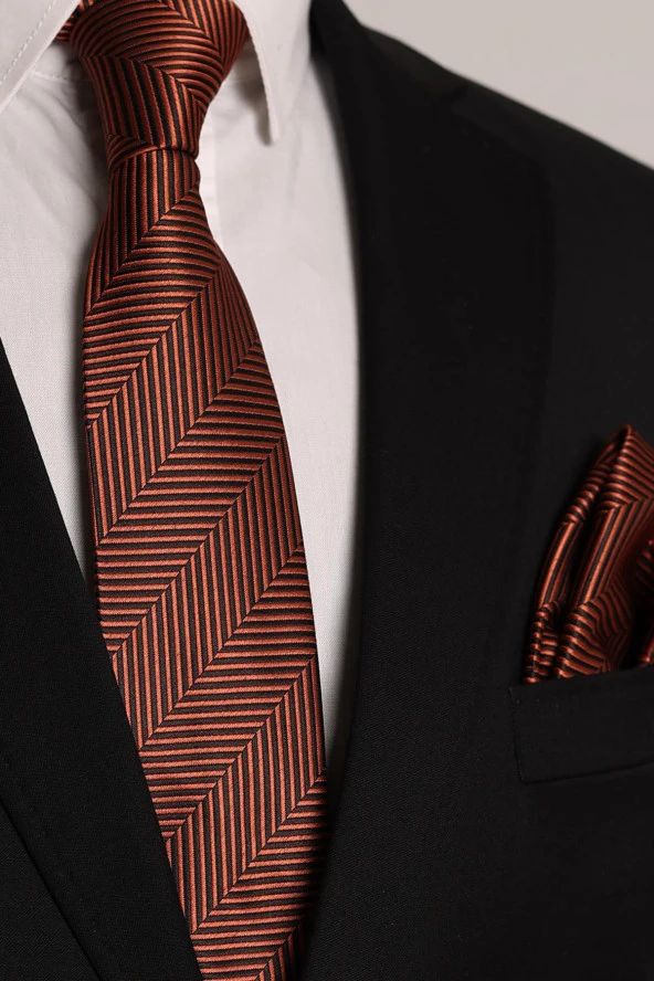 Esgue Kol Düğmesi Hand Made Kiremit Renk 7.5 cm Kravat Mendil Kutulu Hediye Seti - Resim 3