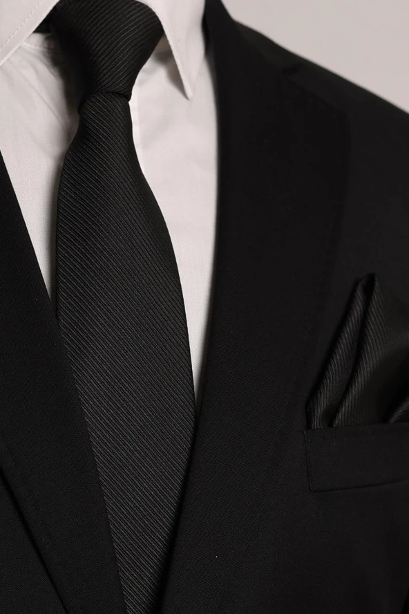 Esgue Siyah Kol Düğmesi Hand Made 7.5 cm Çizgili Desen Siyah Kravat Mendil Kutulu Hediye Seti - Resim 3