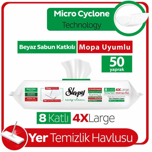 Sleepy Easy Clean Beyaz Sabun Katkılı Mopa Uyumlu Yer Temizlik Havlusu 50 Yaprak