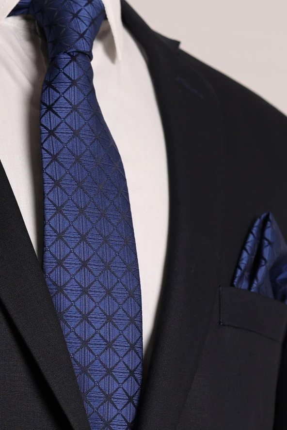 Esgue Lacivert-Mineli Kol Düğmesi Hand Made 7.5 cm Desenli Kravat Mendil Kutulu Hediye Seti - 3