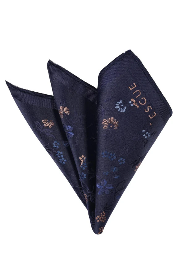 Esgue Lacivert-Siyah Kol Düğmesi Hand Made Çiçek Desenli 7.5 cm Kravat Mendil Kutulu Hediye Seti - Resim 5