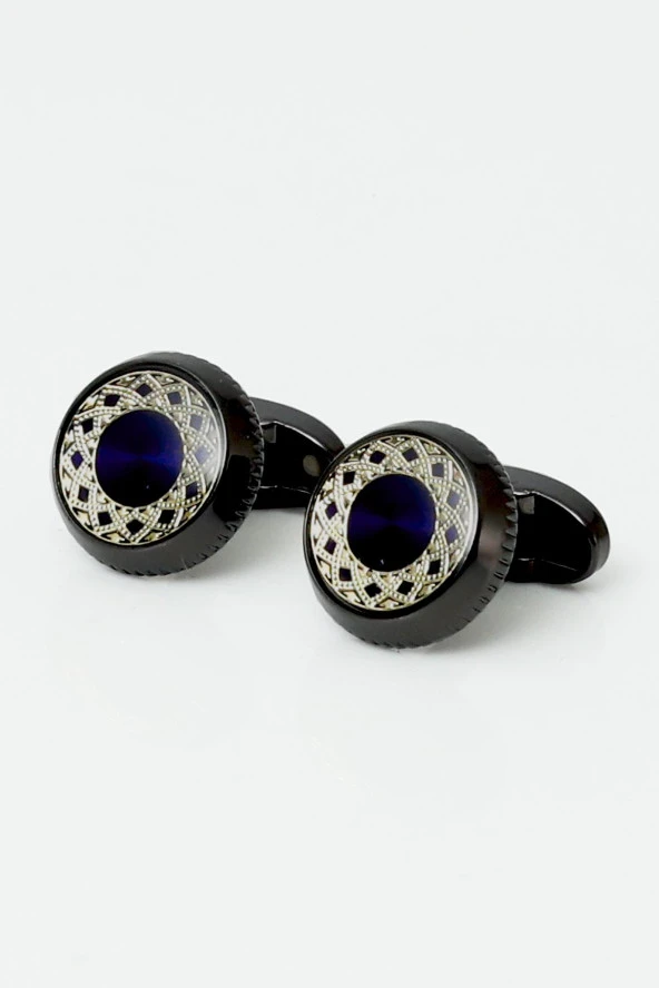 Esgue Sarı-Lacivert Kol Düğmesi Hand Made Kareli Desen 7.5 cm Kravat Mendil Kutulu Hediye Seti - 2