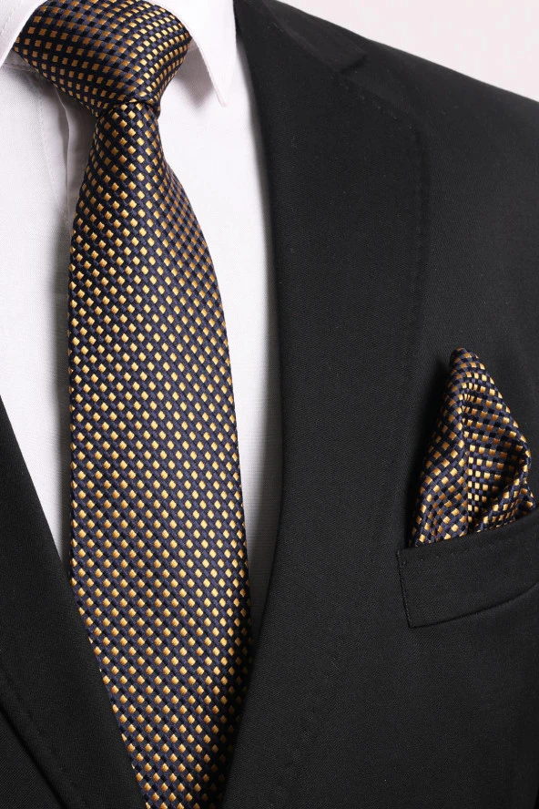 Esgue Sarı-Lacivert Kol Düğmesi Hand Made Kareli Desen 7.5 cm Kravat Mendil Kutulu Hediye Seti - 3