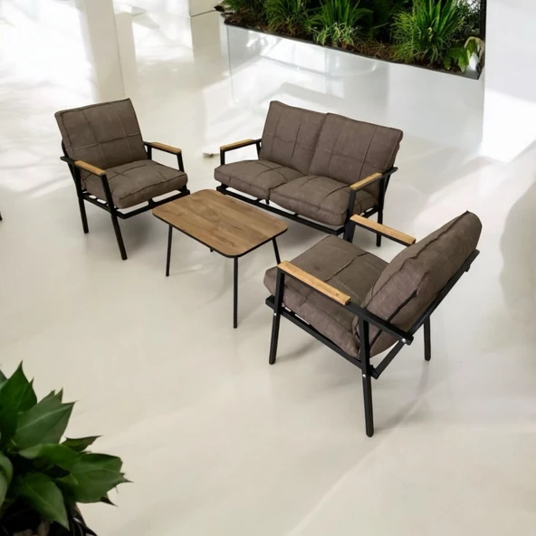 Dekoroom's Zen 2 1 1 Pofuduk Balkon Takımı, Bahçe Mobilyası, Çay Seti, Kafe, Koltuk Takımı Bej Pitikare Desenli - 2