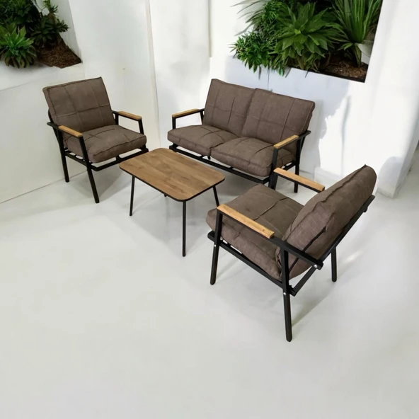 Dekoroom's Zen 2 1 1 Pofuduk Balkon Takımı, Bahçe Mobilyası, Çay Seti, Kafe, Koltuk Takımı Bej Pitikare Desenli