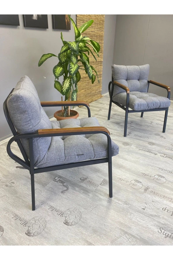 Dekoroom's Balkon, Bahçe, Cafe  Mobilya Metal Koltuk Takımı 2 Adet Tekli Açık Gri - 4