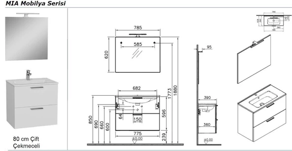 Vitra Banyo Dolabı 80 cm 2 Çekmeceli̇ Parlak Beyaz Mia banyo dolabı - 2