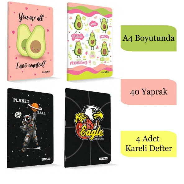 Çınar A4 40 Yaprak Karton Kapak Dikişli Defter Kareli 4 Adet