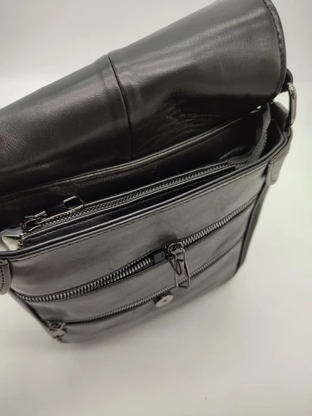 Orta Boy Kapaklı Çift Fermuarlı Erkek Deri El Çantası - 9