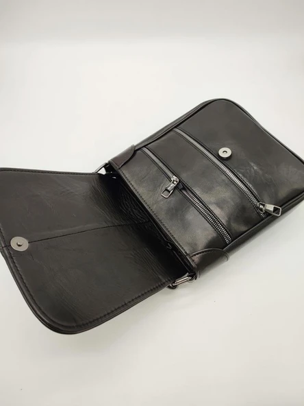 Orta Boy Kapaklı Çift Fermuarlı Erkek Deri El Çantası - 3