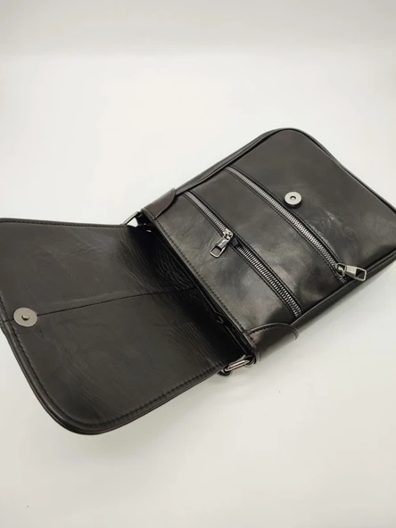 Orta Boy Kapaklı Çift Fermuarlı Erkek Deri El Çantası - 12