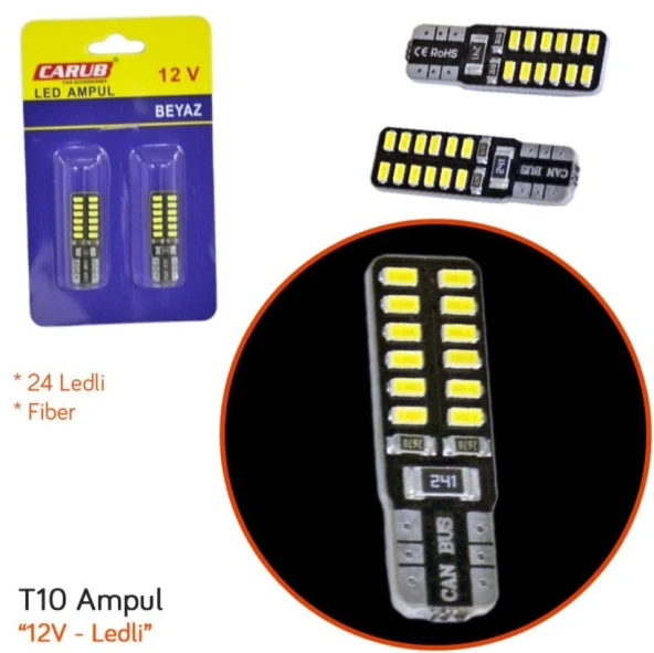 Carub 12V T10 Ampul 24 Led SMD Fiber Beyaz